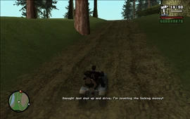 Catalina tells Carl to just shut up while she counts the money they retrieved from the bandits.