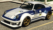 A Comet Retro Custom with a Meinmacht livery in Grand Theft Auto Online. (Rear quarter view)