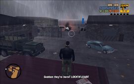 Claude blows up one of the gang cars that the Cartel gangsters have arrived in, signaling the beginning of the shootout.