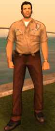 Tommy Vercetti wearing the cop outfit in Grand Theft Auto: Vice City.