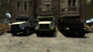 The Securicar in GTA IV (centre) with its two law enforcement variants, the Police Stockade (left) and Enforcer (right).