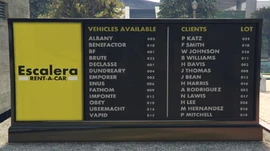 Board at LSIA listing available vehicle manufacturers and clients, along with their corresponding lot numbers.
