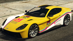 A Itali GTO with the Competition Motor Market livery in Grand Theft Auto Online. (Rear quarter view)