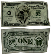 A one dollar bill found in the Hi-Lo card games in The Lost and Damned, featuring a picture of the Monoglobe.