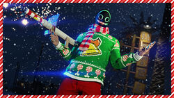 Vibrant Stitch Emissive Mask and Green Cluckin’ Festive Sweater.