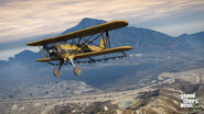 A Duster flying over Blaine County, with the Alamo Sea and Mount Chiliad in the background.