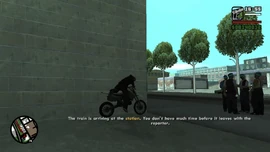 CJ takes a bike to follow the train.