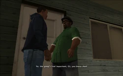 Smoke tells CJ that their gang is really important and that CJ should know it.