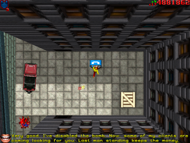 After answering the phone behind the building, Bryson deactivates the bomb but sends a number of his clients to the protagonist's position: last man standing keeps the money.