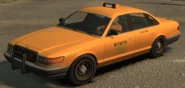 A Vapid "Taxi Car" in GTA IV (Rear quarter view; with roof-mounted advertising and different bumper color).