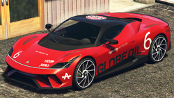 A Furia with a Globe Oil livery in Grand Theft Auto Online. (Rear quarter view)