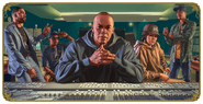 Artwork of Dr. Dre's recording studio, featuring Franklin to the far left.