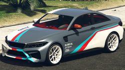 A Cypher with the Team Xero livery in Grand Theft Auto Online. (Rear quarter view)