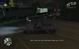 They quickly notice that the Vagos have already arrived and are trying to loot the train themselves.