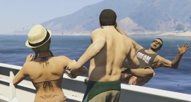 Michael pushing the porndude off the yacht.