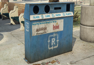 A big multipurpose recycling bin sponsored by Redwood Cigarettes and Captain's Log.