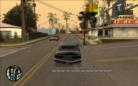 Further down the road, CJ asks Smoke why he moved out of Grove Street.