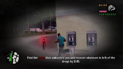 Find the gang that ambushed you and recover whatever is left of the drugs by 8:45. (The player is given about four in-game hours)