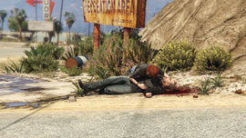 Ashley hugging Johnny's corpse during mission Mr. Philips in Grand Theft Auto V.