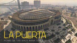 Tourism poster for La Puerta, showcasing the Maze Bank Arena.