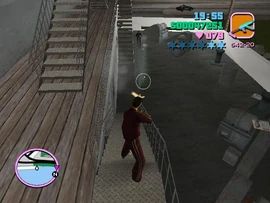 Tommy Vercetti shooting at security guards in his attempt to get back to the Print Works.