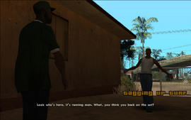 As they're playing, CJ comes over to visit Sweet. Sweet then sarcastically greets him and asks if he thinks he's a part of Grove Street Families again.