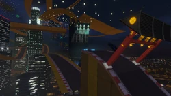 Jumping from the track through a set of lanterns and onto a level track