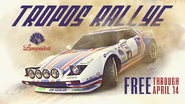 The Tropos Rallye in an official Rockstar Advertisement for the first GTA Online Bonuses in April 2020. The ad also features a new name badge logo for the vehicle.