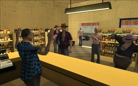 The bandits go inside and hold up the store. After stealing all of the money, they execute a bystander and escape from the store.
