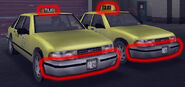 Comparison of two differences available on Taxis in GTA III. Note that the Taxi on the right says "TAKI".