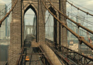 The deck design of the bridge, with an elevated walkway and two dual-lane roadways, GTA IV.