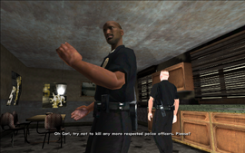 Tenpenny turns around and reminds CJ of the crime that they framed him for to remind him that he works for them.