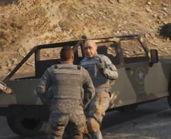 A roofless Crusader guarded by the  in  in GTA V
