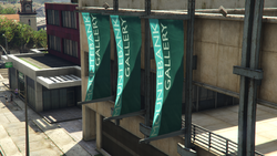 Banners outside the building.
