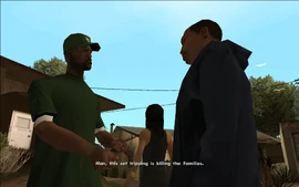 Sweet tells his girl to go inside, while he and CJ have a little talk.