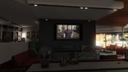 The big screen TV in 3671 Whispymound Drive, showing Steve Haines in an episode of Underbelly of Paradise.