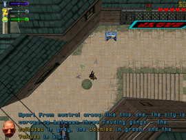 Introducing the gangs in the Downtown District: the Zaibatsu in grey, the Loonies in green and the Yakuza in blue.