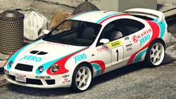 A Calico GTF with the Xero Gas Rally livery in Grand Theft Auto Online. (Rear quarter view)