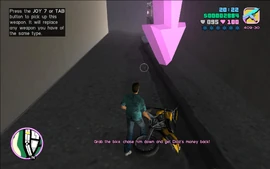 After shooting down the rider, Tommy has to take his Sanchez and chase after the other Haitian.