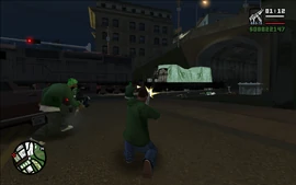 CJ and his homies shooting out with the Vagos gangbangers.