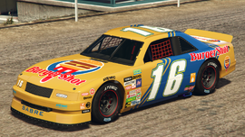 A Hotring Sabre with a Burger Shot livery in Grand Theft Auto Online. (Rear quarter view)