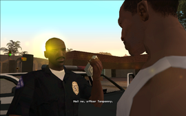 CJ recognizes the commanding officer as Frank Tenpenny and tells him that he would never forget about them and says that he was just wondering why they took as long as they did to apprehend him.