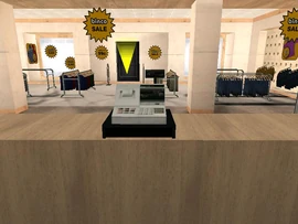 A cash register in a Binco clothes shop.