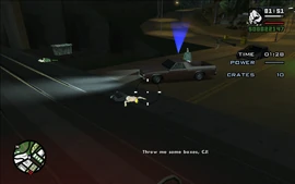 As the train gains momentum and Ryder and a GSF member start following CJ, Ryder tells CJ to throw the boxes at him.