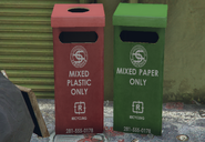 Individual plastic and paper recycling bins.