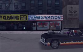 A cutscene showing the pimp driving past the Ammu-Nation in a Diablo Stallion.