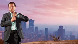 Michael De Santa overlooking the Los Santos skyline.