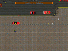 The protagonist about to run over the goons.