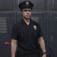 The GTA Online protagonist in a cop outfit with the hat on.