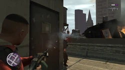 Luis shoots the russian gangsters while avoiding getting blown up by grenades.